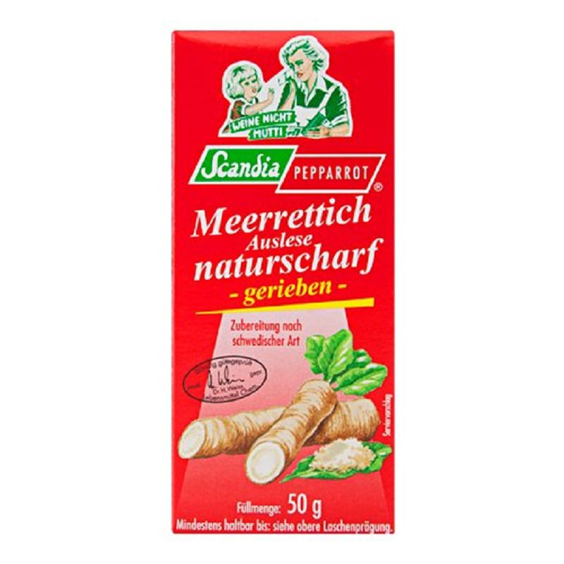 Scandia - Meerrettich naturscharf "Mutti weine nicht", 12 x 50 g Pack im Schaukarton